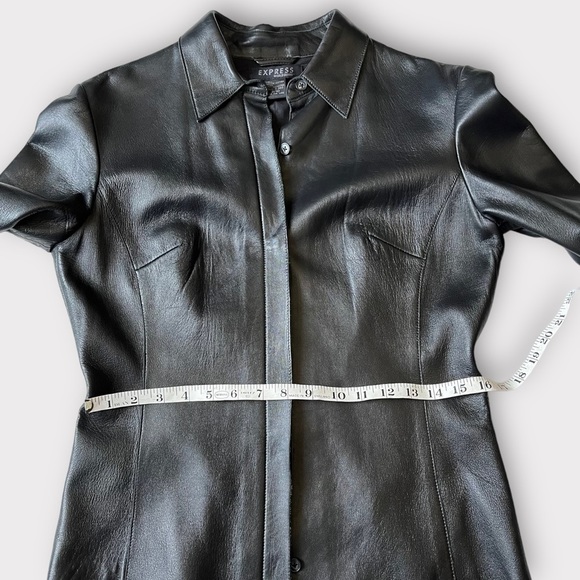 90s Express Leather Moto Fitted Shirt Light Jacket Button Front Black M - Picture 8 of 9